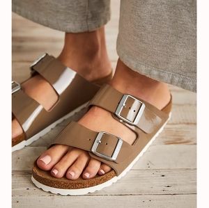 Birkenstock Patent Lack Fossil Arizona BS Two Strap Sandals New in Box Size 41